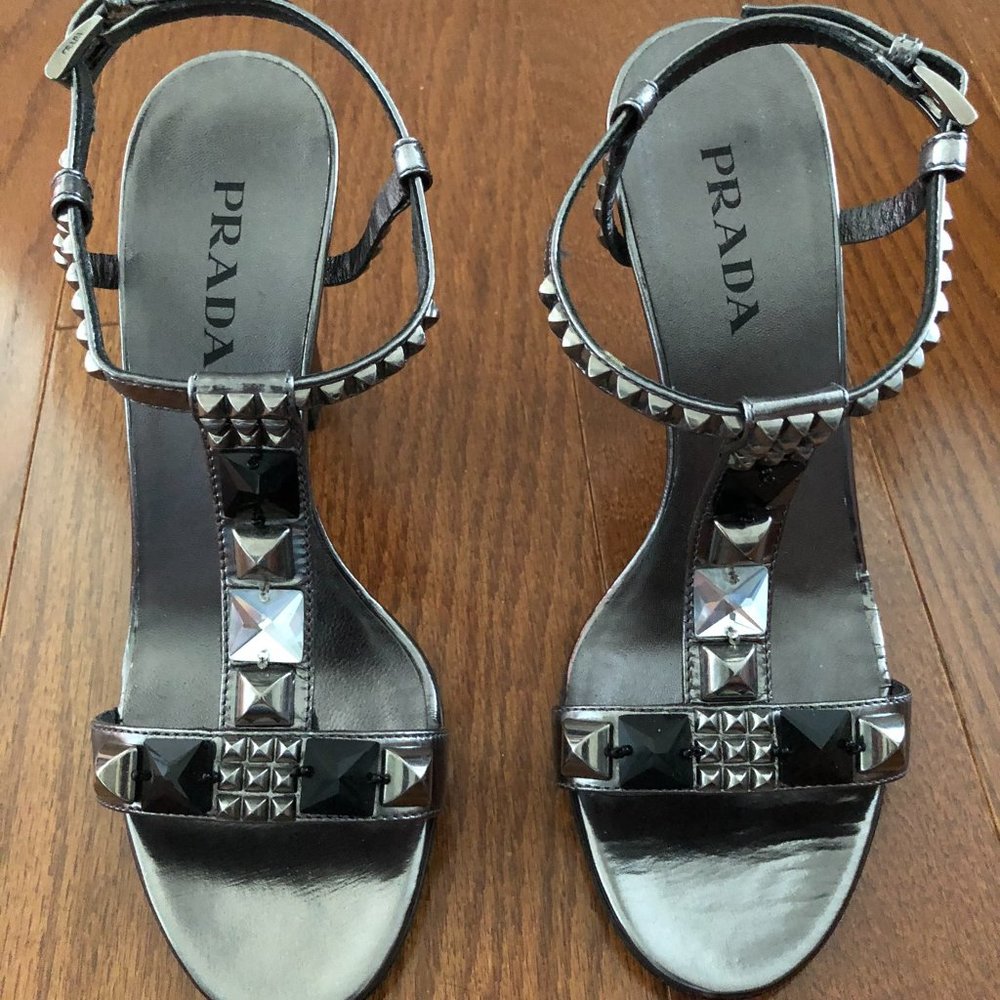 PRADA STUDDED PEWTER SANDAL